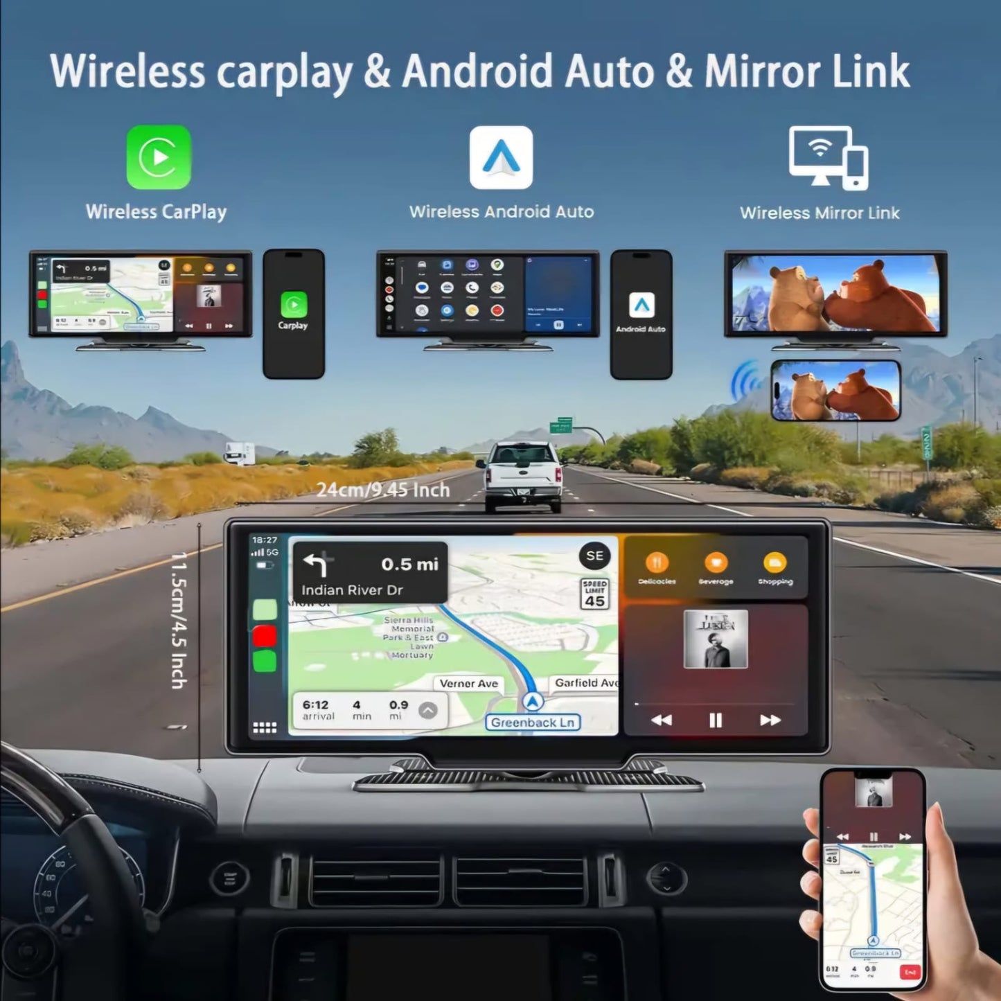 كاميرا لوحة القيادة اللاسلكية CarPlay و Android Auto - شاشة لمس عالية الدقة 4K + كاميرا احتياطية (64 جيجابايت)