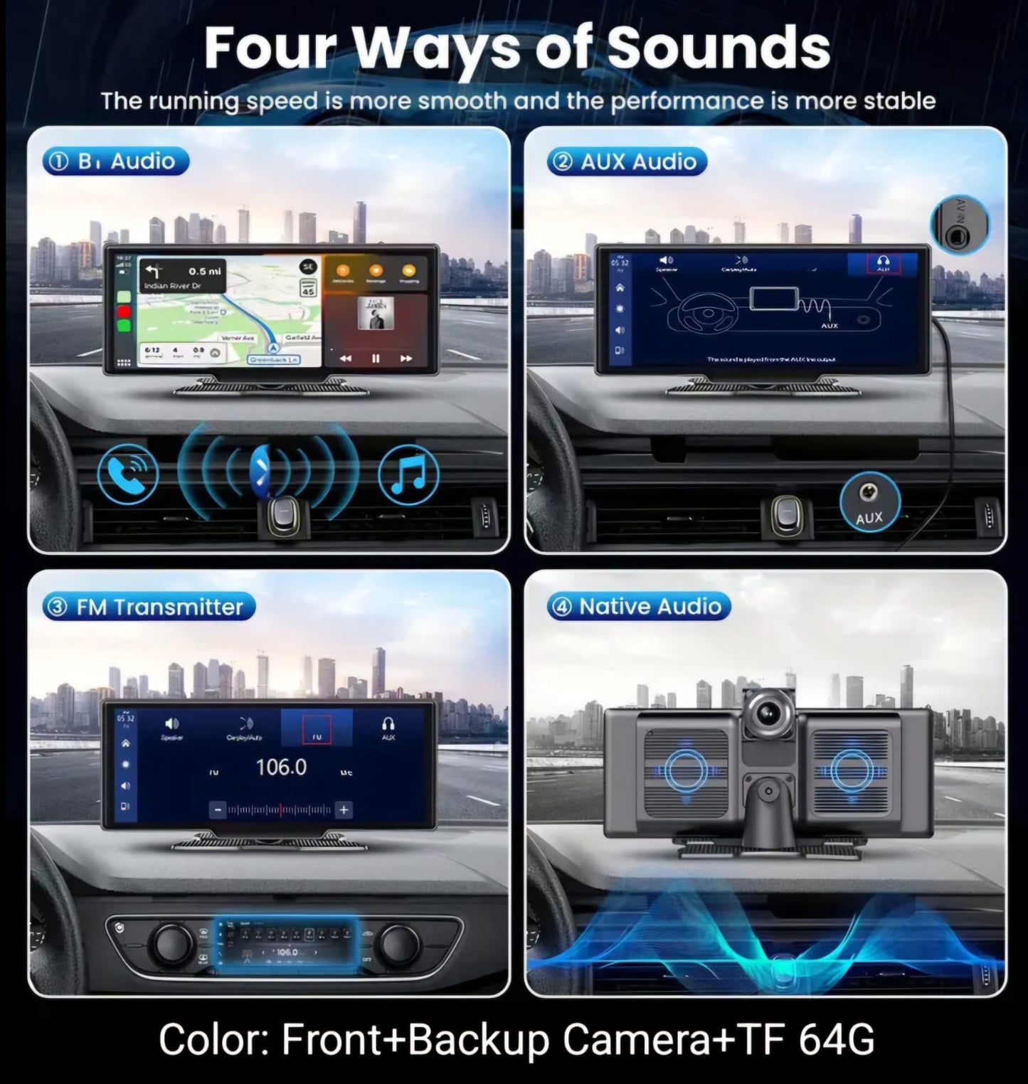 كاميرا لوحة القيادة اللاسلكية CarPlay و Android Auto - شاشة لمس عالية الدقة 4K + كاميرا احتياطية (64 جيجابايت)